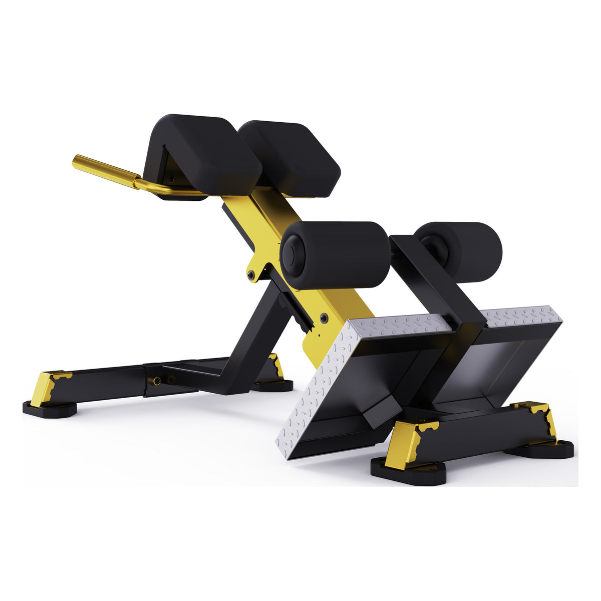 DHZ TITAN Mechanix Y975ZA Back Extension - Plate Loaded Rückenstrecker – back extension schwarz gold perspektivansicht links