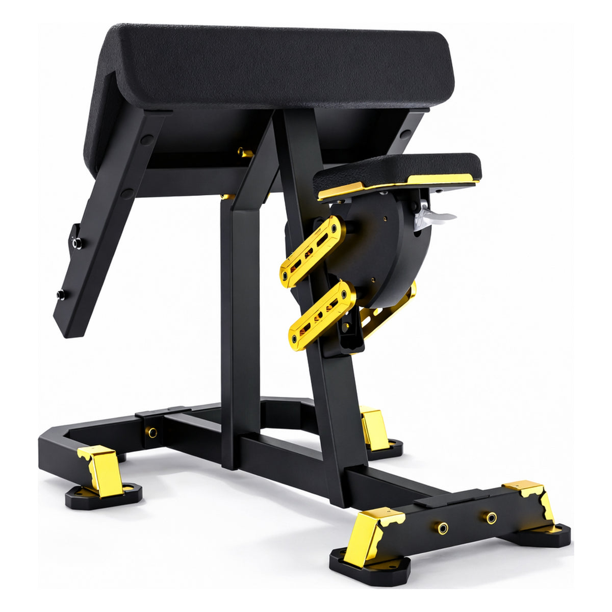 DHZ TITAN Mechanix Y976ZA Seated Preacher Curl - Plate Loaded Bizepsbank für isoliertes Armtraining – seated preacher curl schwarz gold rueckansicht