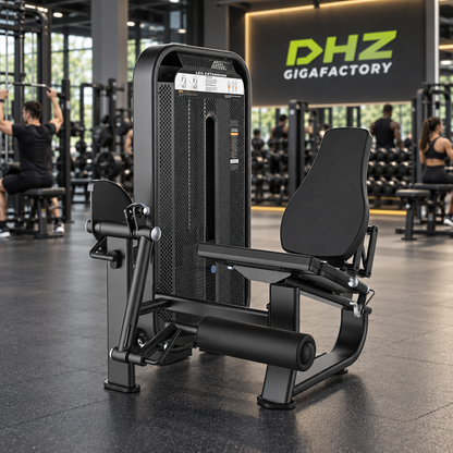 DHZ E7002 Leg Extension frei im aktiven DHZ-Gigafactory-Fitnessstudio mit Training im Hintergrund