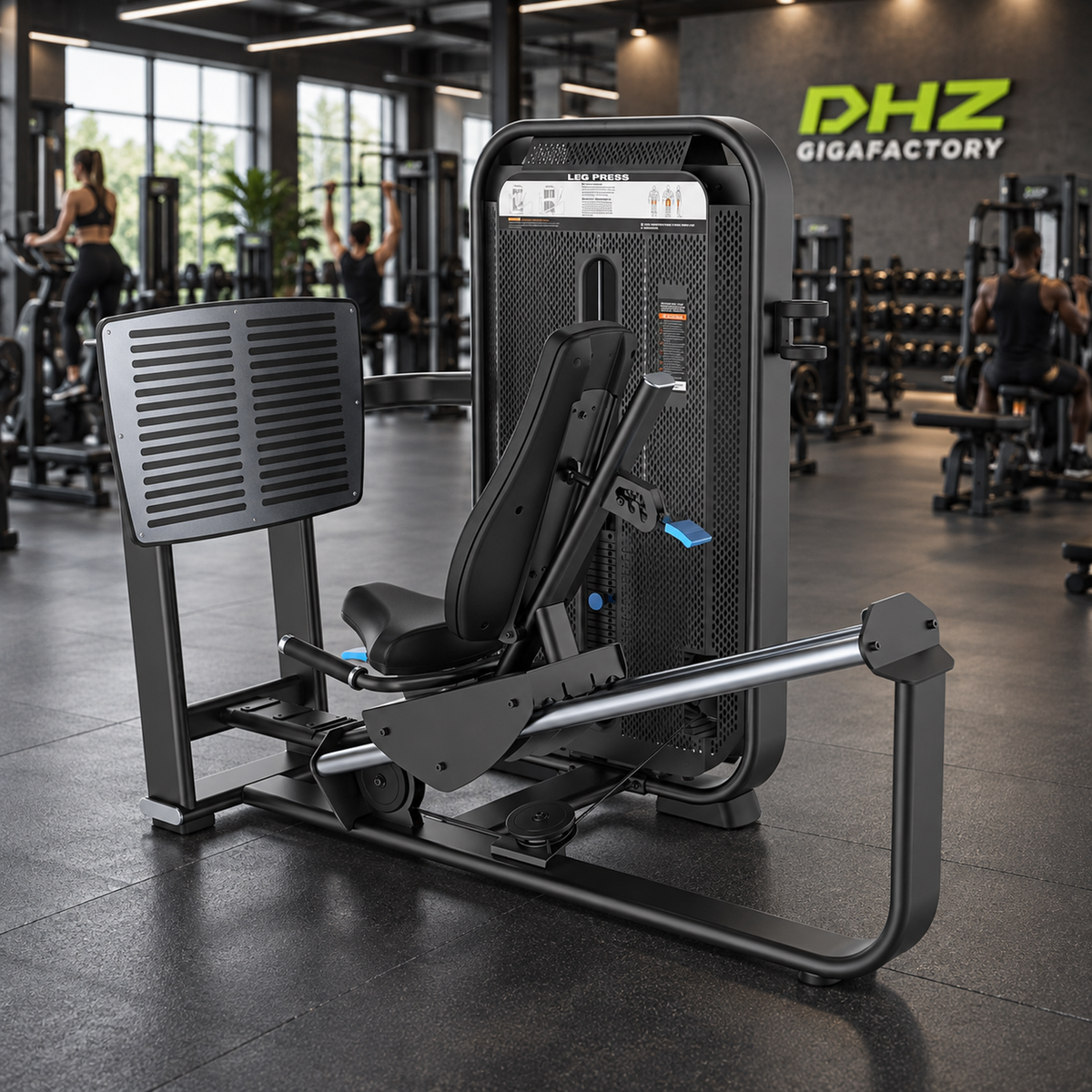 DHZ E7003 Leg Press frei im aktiven DHZ-Gigafactory-Fitnessstudio mit Training im Hintergrund