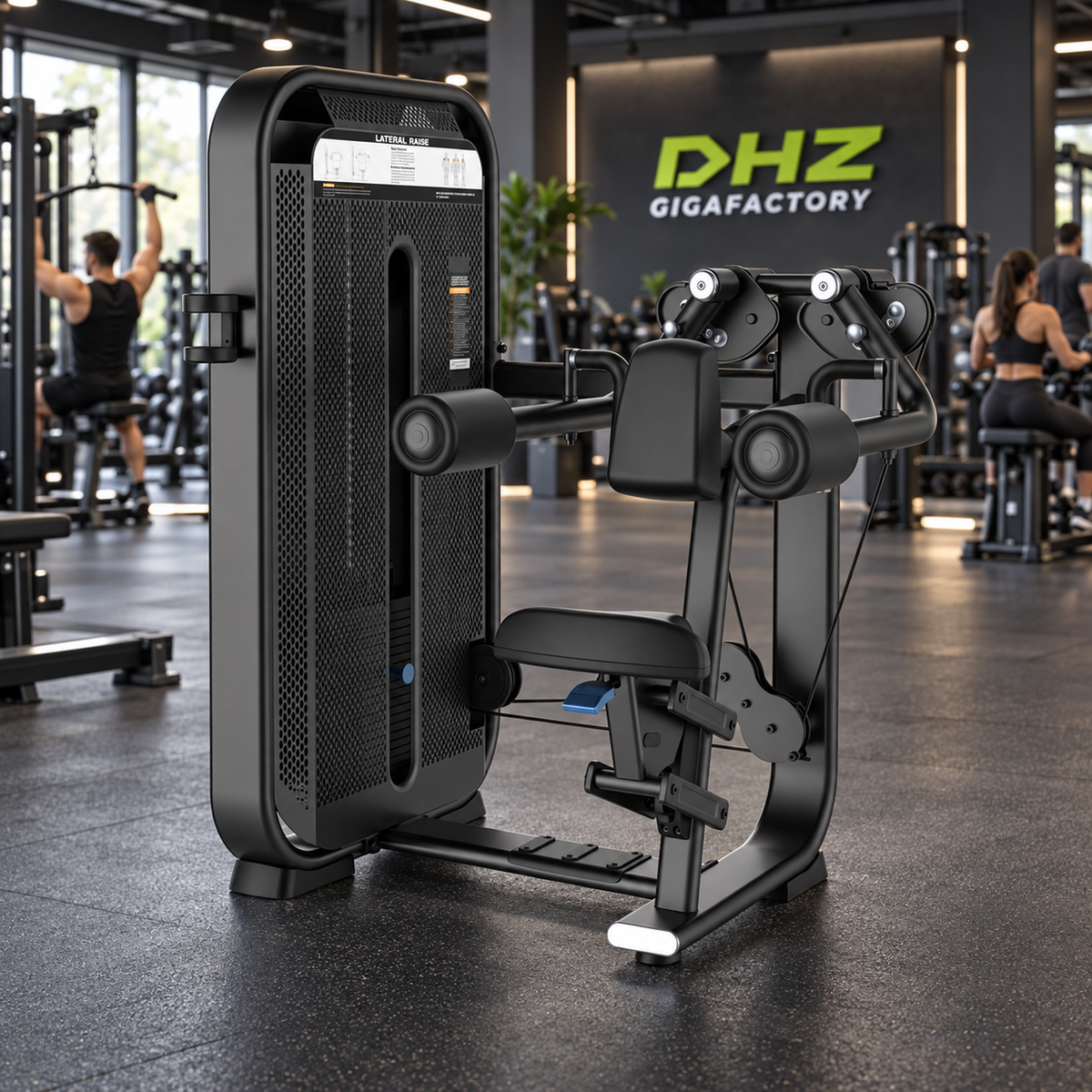 DHZ E7005 Lateral Raise frei im aktiven DHZ-Gigafactory-Fitnessstudio mit Training im Hintergrund