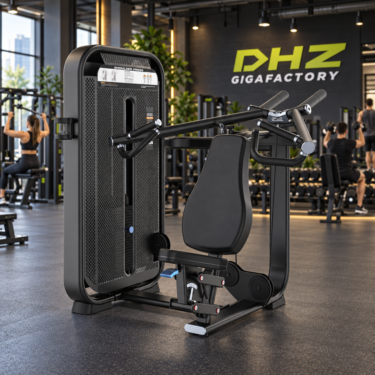 DHZ E7006 Shoulder Press frei im aktiven DHZ-Gigafactory-Fitnessstudio mit Training im Hintergrund