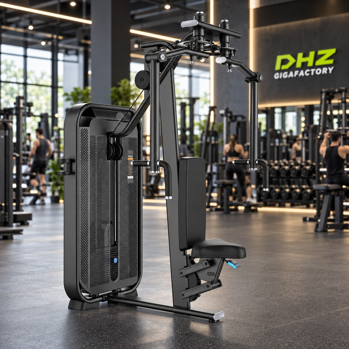 DHZ E7007 Rear Delt / Pec Fly frei im aktiven DHZ-Gigafactory-Fitnessstudio mit Training im Hintergrund