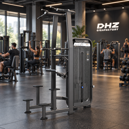 DHZ E7009 Dip Chin Assist frei im aktiven DHZ-Gigafactory-Fitnessstudio mit Training im Hintergrund