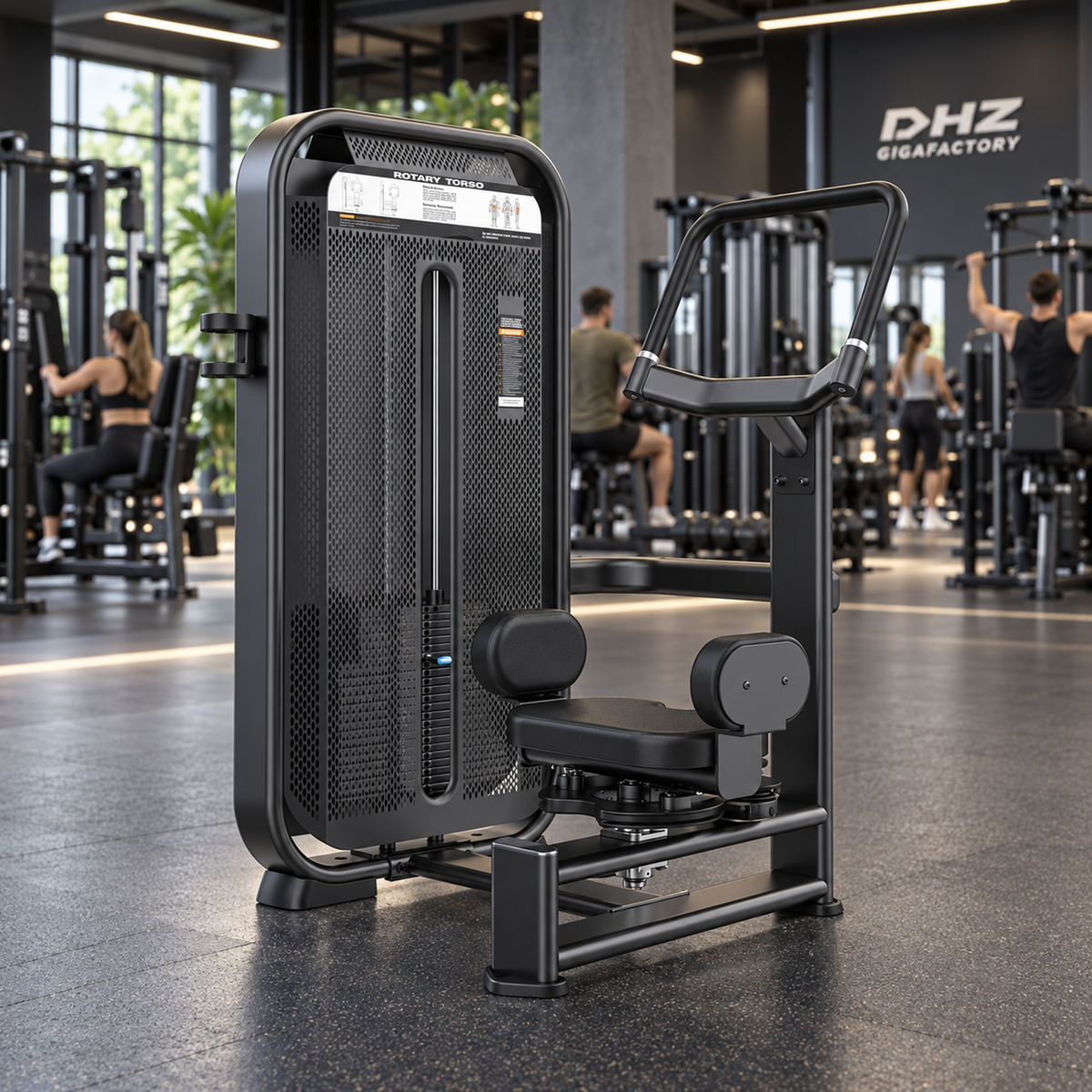 DHZ E7018 Rotary Torso frei im aktiven DHZ-Gigafactory-Fitnessstudio mit Training im Hintergrund