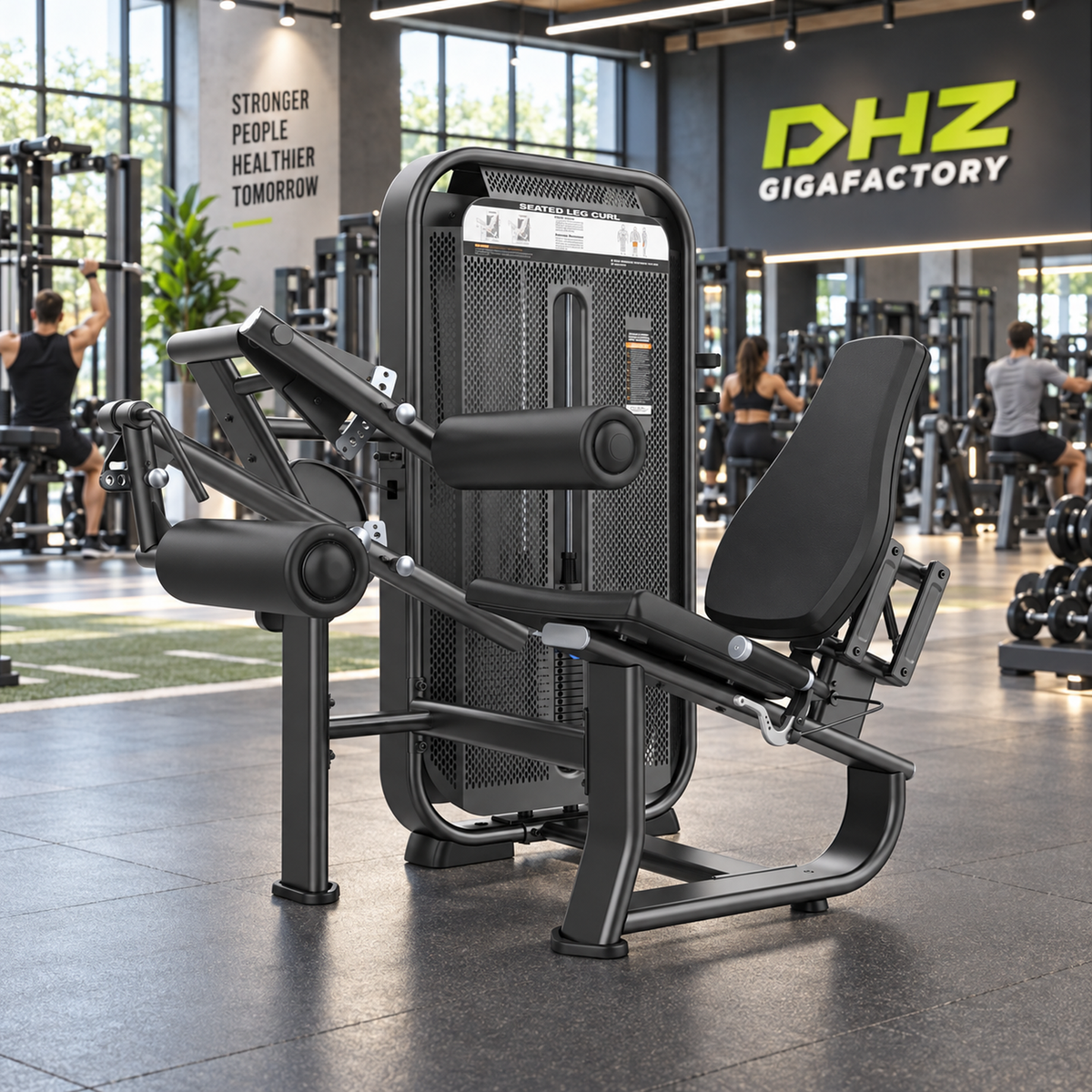 DHZ E7023 Seated Leg Curl frei im aktiven DHZ-Gigafactory-Fitnessstudio mit Training im Hintergrund