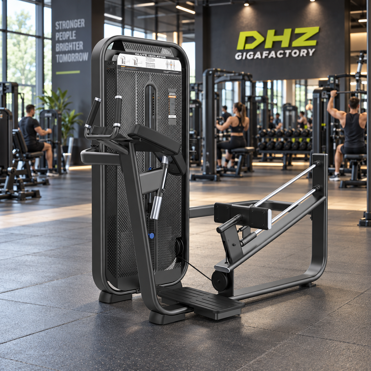 DHZ E7024 Glute Isolator frei im aktiven DHZ-Gigafactory-Fitnessstudio mit Training im Hintergrund