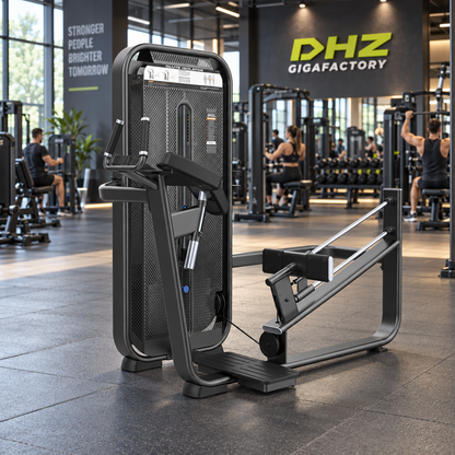 DHZ E7024 Glute Isolator frei im aktiven DHZ-Gigafactory-Fitnessstudio mit Training im Hintergrund