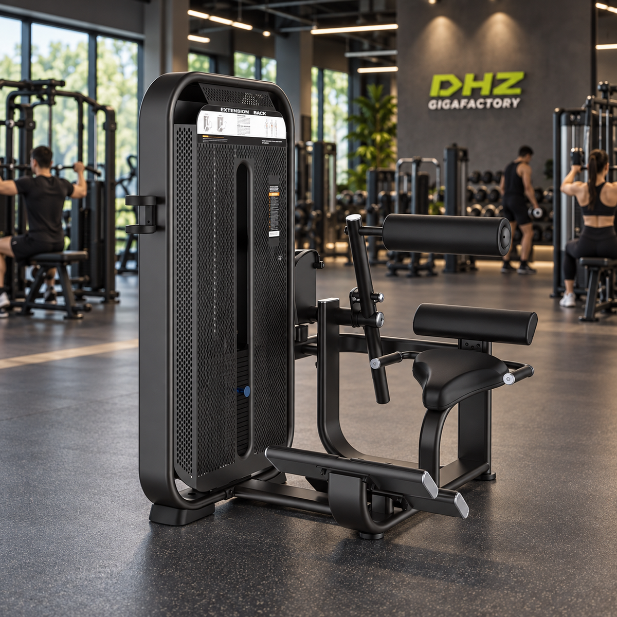 DHZ E7031 Back Extension frei im aktiven DHZ-Gigafactory-Fitnessstudio mit Training im Hintergrund