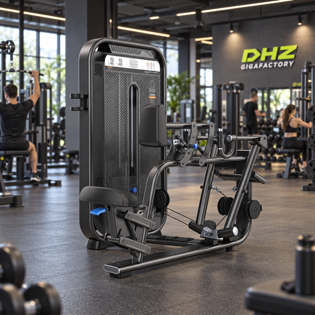 DHZ E7034 Vertical Row frei im aktiven DHZ-Gigafactory-Fitnessstudio mit Training im Hintergrund