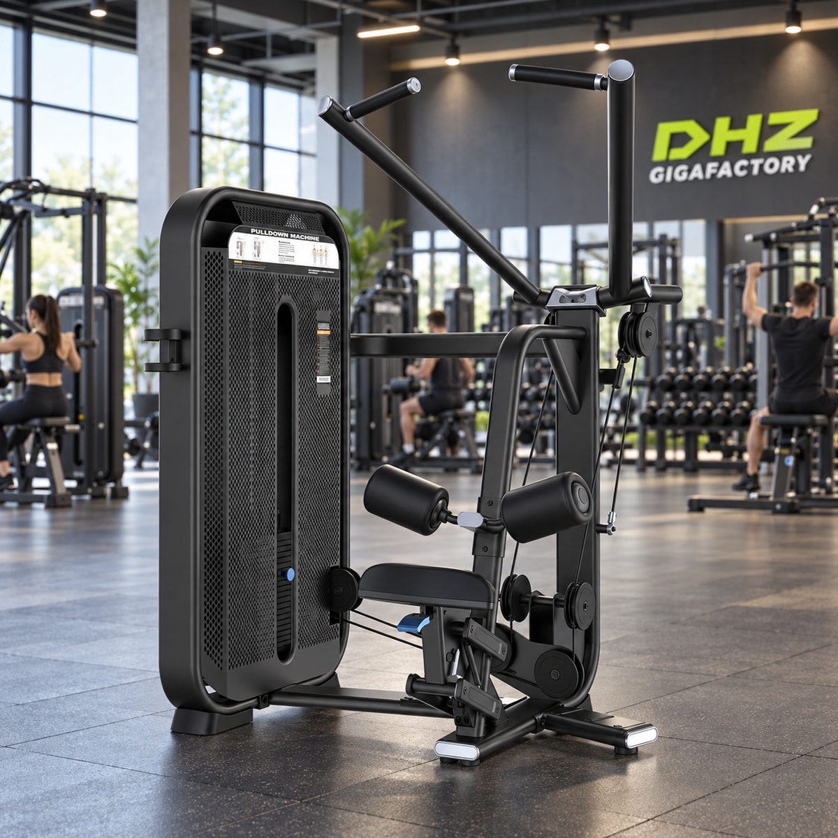 DHZ E7035 Pulldown frei im aktiven DHZ-Gigafactory-Fitnessstudio mit Training im Hintergrund