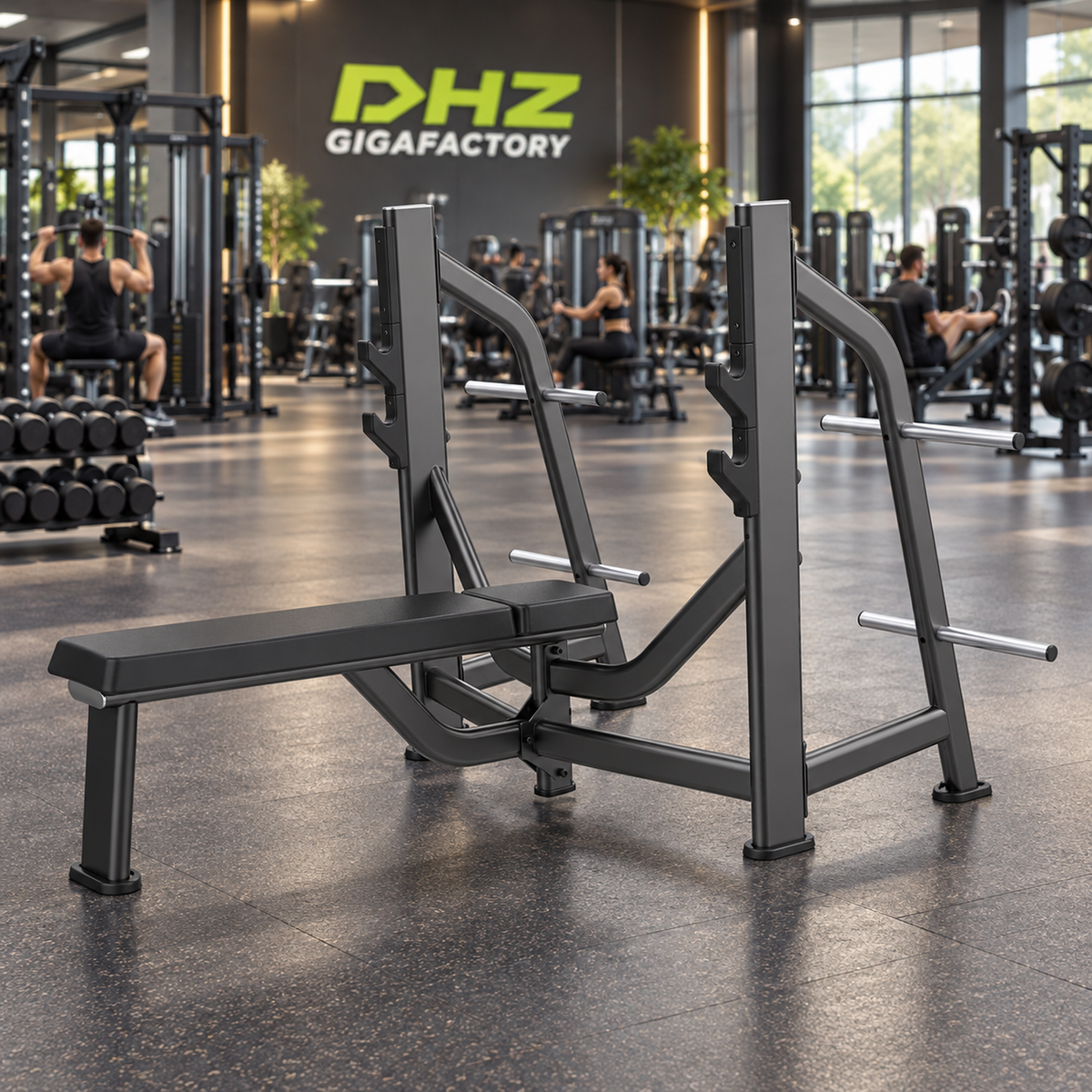 DHZ E7043 Olympic Bench frei im aktiven DHZ-Gigafactory-Fitnessstudio mit Training im Hintergrund