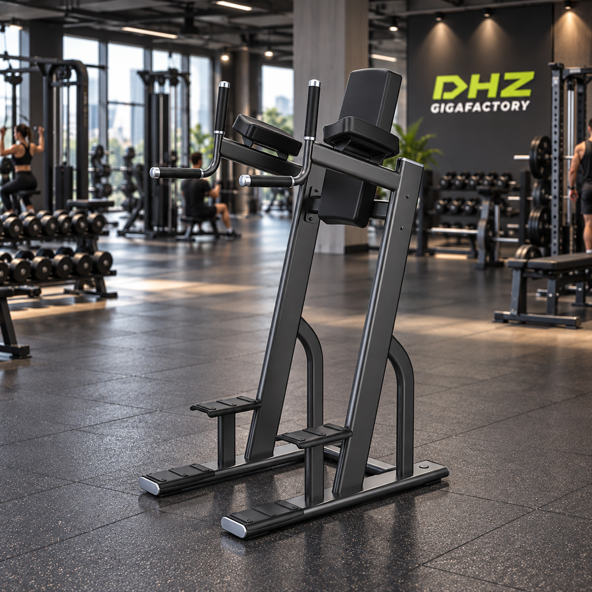 DHZ E7047 Vertical Knees Up Dip frei im aktiven DHZ-Gigafactory-Fitnessstudio mit Training im Hintergrund