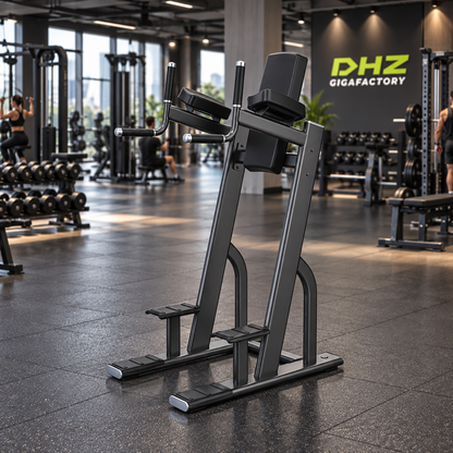 DHZ E7047 Vertical Knees Up Dip frei im aktiven DHZ-Gigafactory-Fitnessstudio mit Training im Hintergrund