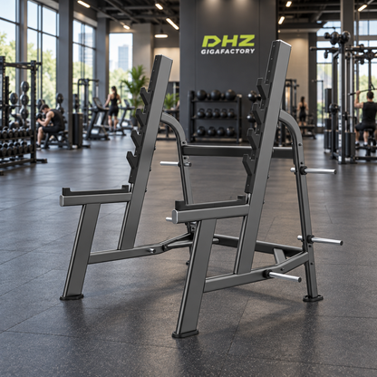 DHZ E7050 Squat Rack frei im aktiven DHZ-Gigafactory-Fitnessstudio mit Training im Hintergrund