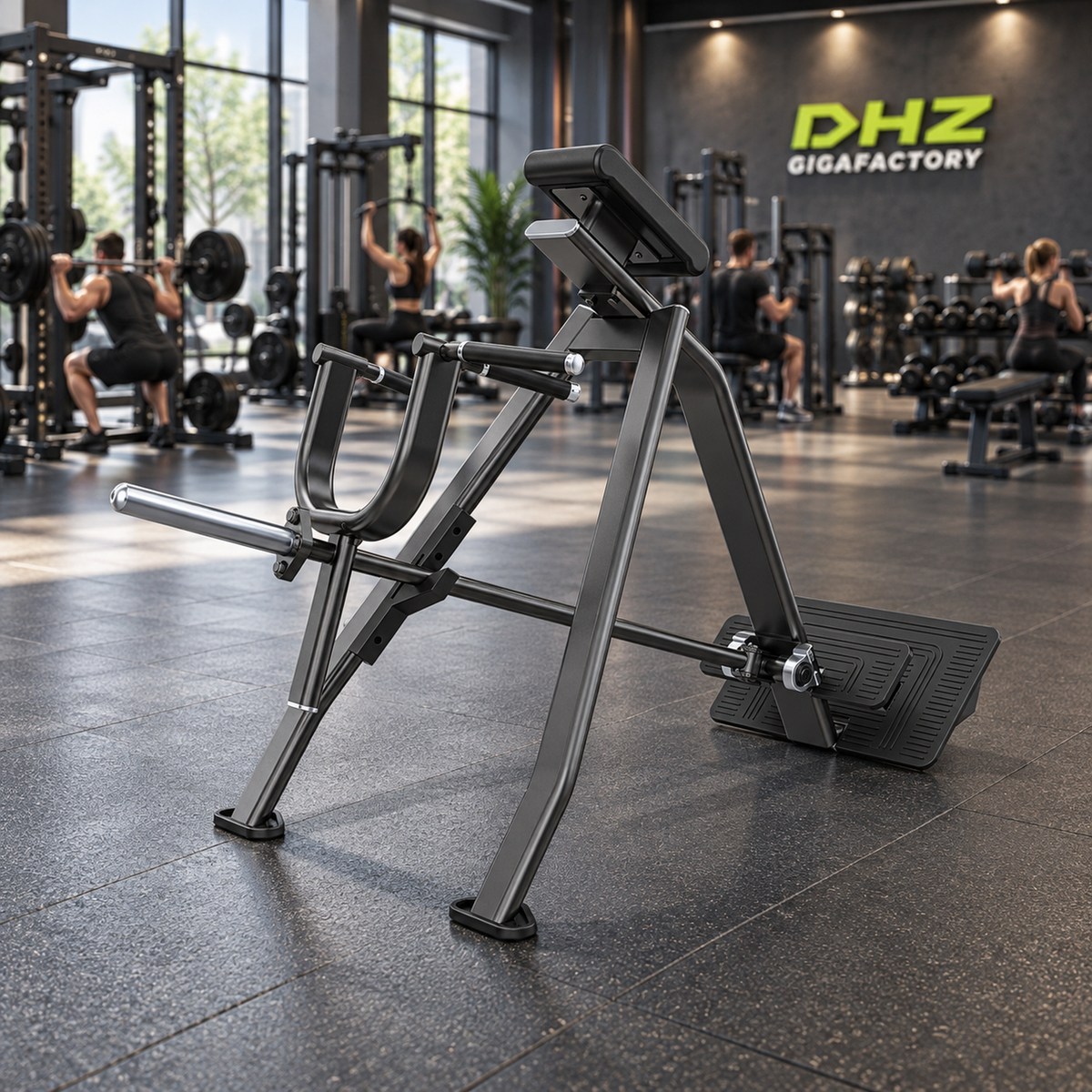 DHZ E7061 Incline Level Row frei im aktiven DHZ-Gigafactory-Fitnessstudio mit Training im Hintergrund