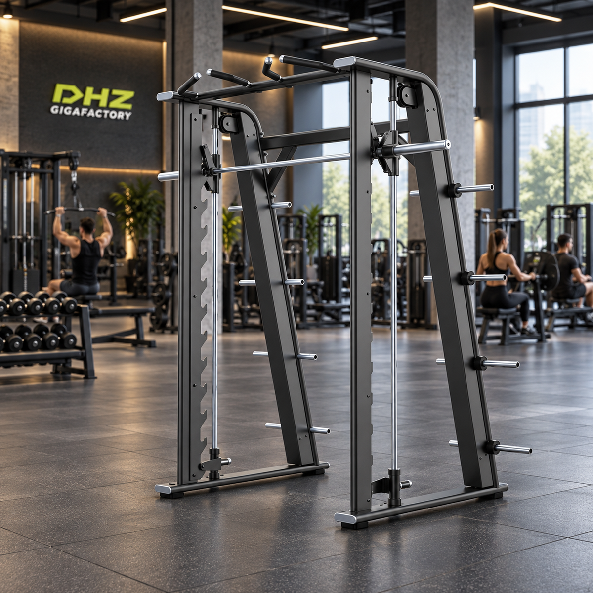 DHZ E7063 Smith Machine frei im aktiven DHZ-Gigafactory-Fitnessstudio mit Training im Hintergrund
