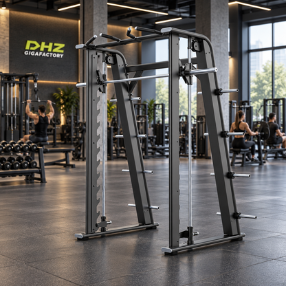 DHZ E7063 Smith Machine frei im aktiven DHZ-Gigafactory-Fitnessstudio mit Training im Hintergrund