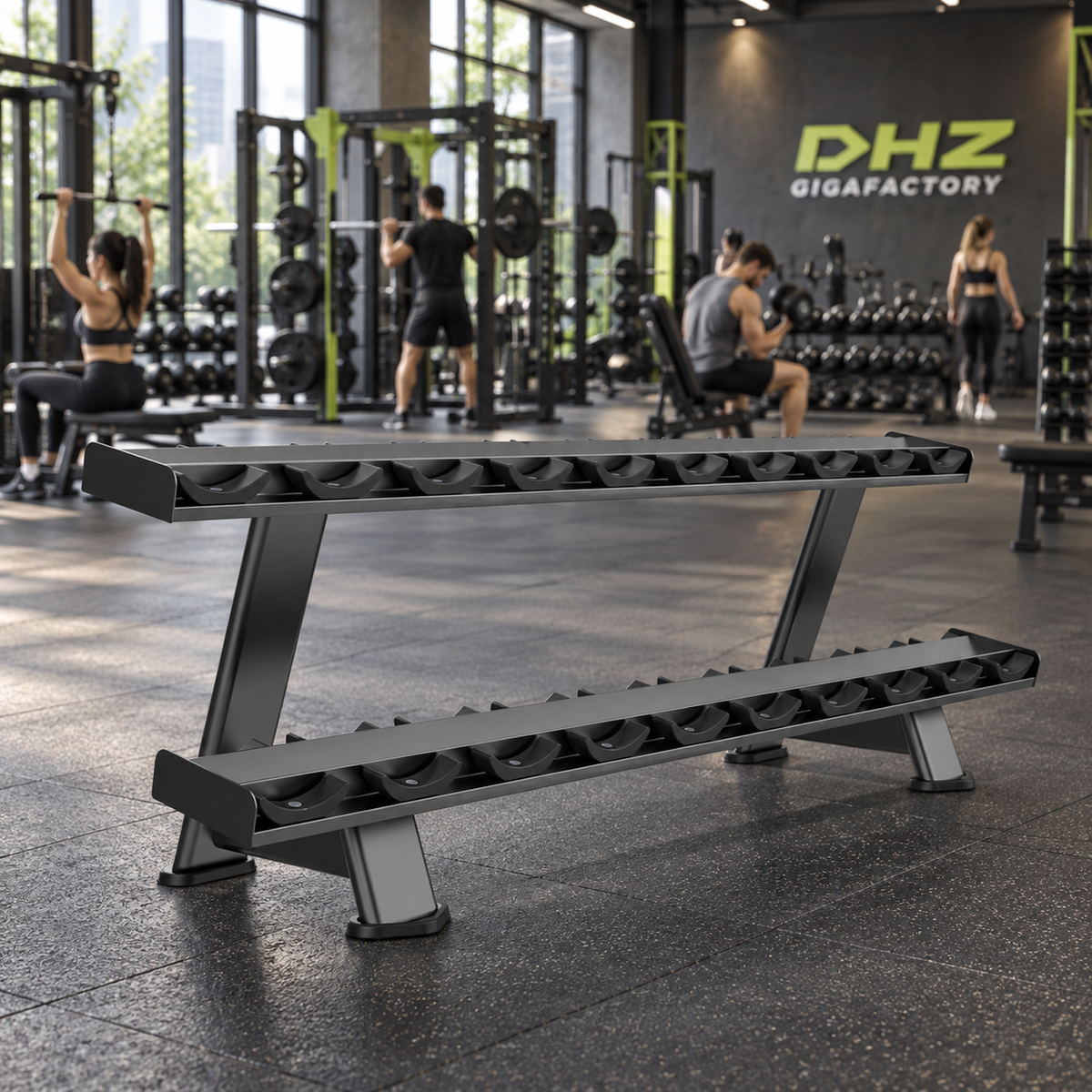 DHZ E7077 Dumbbell Rack frei im aktiven DHZ-Gigafactory-Fitnessstudio mit Training im Hintergrund