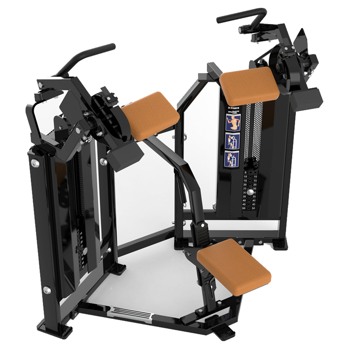 DHZ D-FORCE PM2037 Biceps Curl – Dual Weight Stack Bizepsmaschine – Detailansicht der professionellen Polsterung mit brauner Polsterung – Ansicht 5