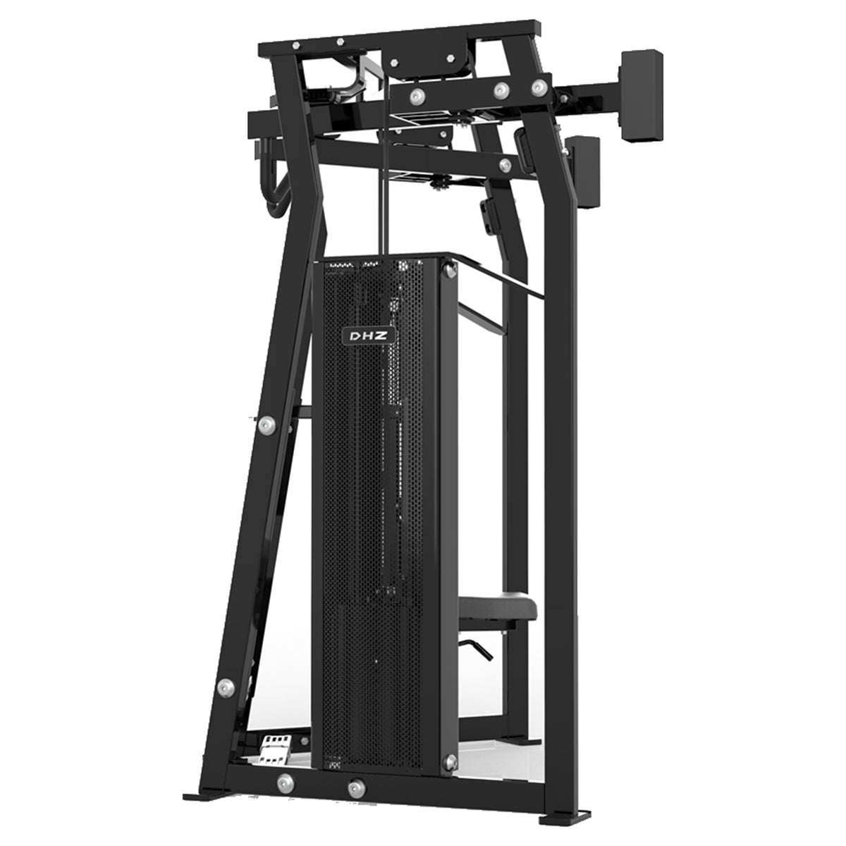 DHZ D-FORCE PM2045 High Row – Dual Weight Stack High-Row-Rückenmaschine – schwarze Polster, Produktansicht 05