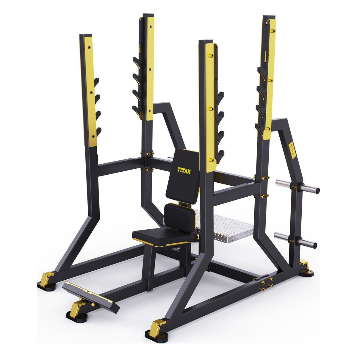 DHZ TITAN Mechanix Y974ZA Olympic Military Bench - Plate Loaded Schulterpresse Bank für Langhanteltraining – olympic military bench schwarz gold ansicht links