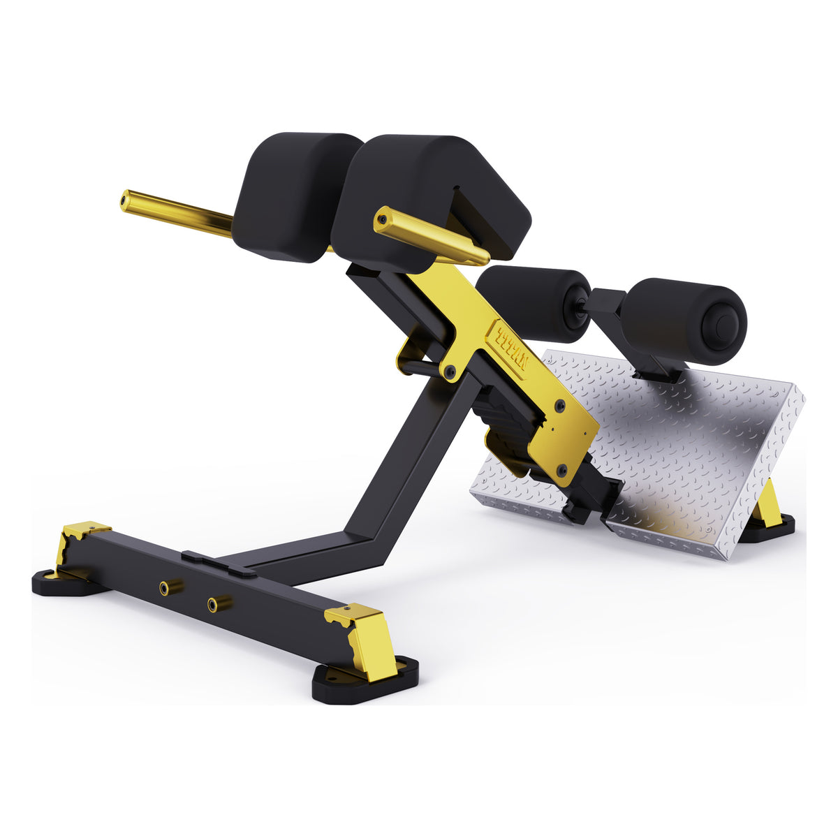 DHZ TITAN Mechanix Y975ZA Back Extension - Plate Loaded Rückenstrecker – back extension schwarz gold perspektivansicht rechts