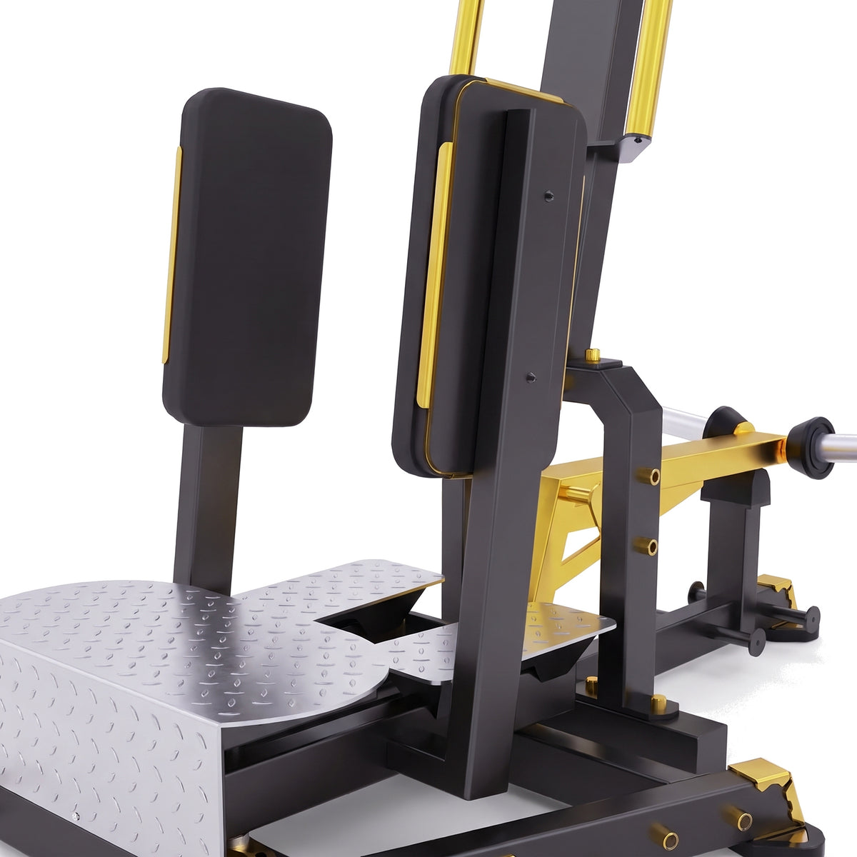 DHZ TITAN Mechanix Y985ZA Standing Abductor – Plate Loaded Abduktorenmaschine – dhz titan mechanix y985za standing abductor schwarz gold polster mechanik detail 