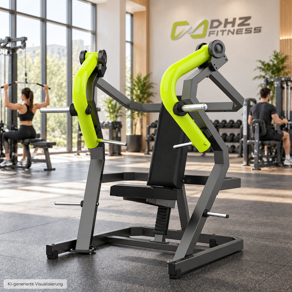 DHZ Y900 Y905 Brustpresse (Chest Press) in Grün-Schwarz in einem modernen Fitnessstudio – KI-generierte Visualisierung