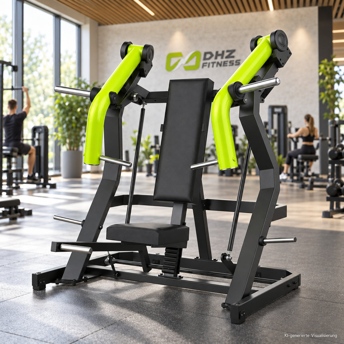 DHZ Y900 Y905L Brustpresse (Chest Press) mit Einstiegshilfe in Grün-Schwarz in einem modernen Fitnessstudio – KI-generierte Visualisierung