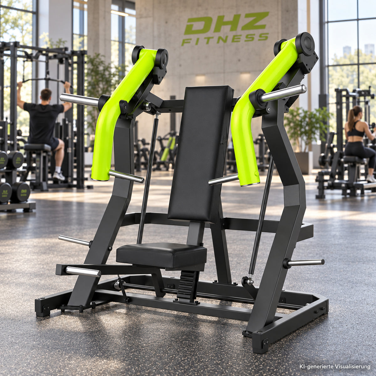 DHZ Y900 Y915L Schrägbank-Brustpresse (Incline Chest Press) mit Einstiegshilfe in Grün-Schwarz in einem modernen Fitnessstudio – KI-generierte Visualisierung