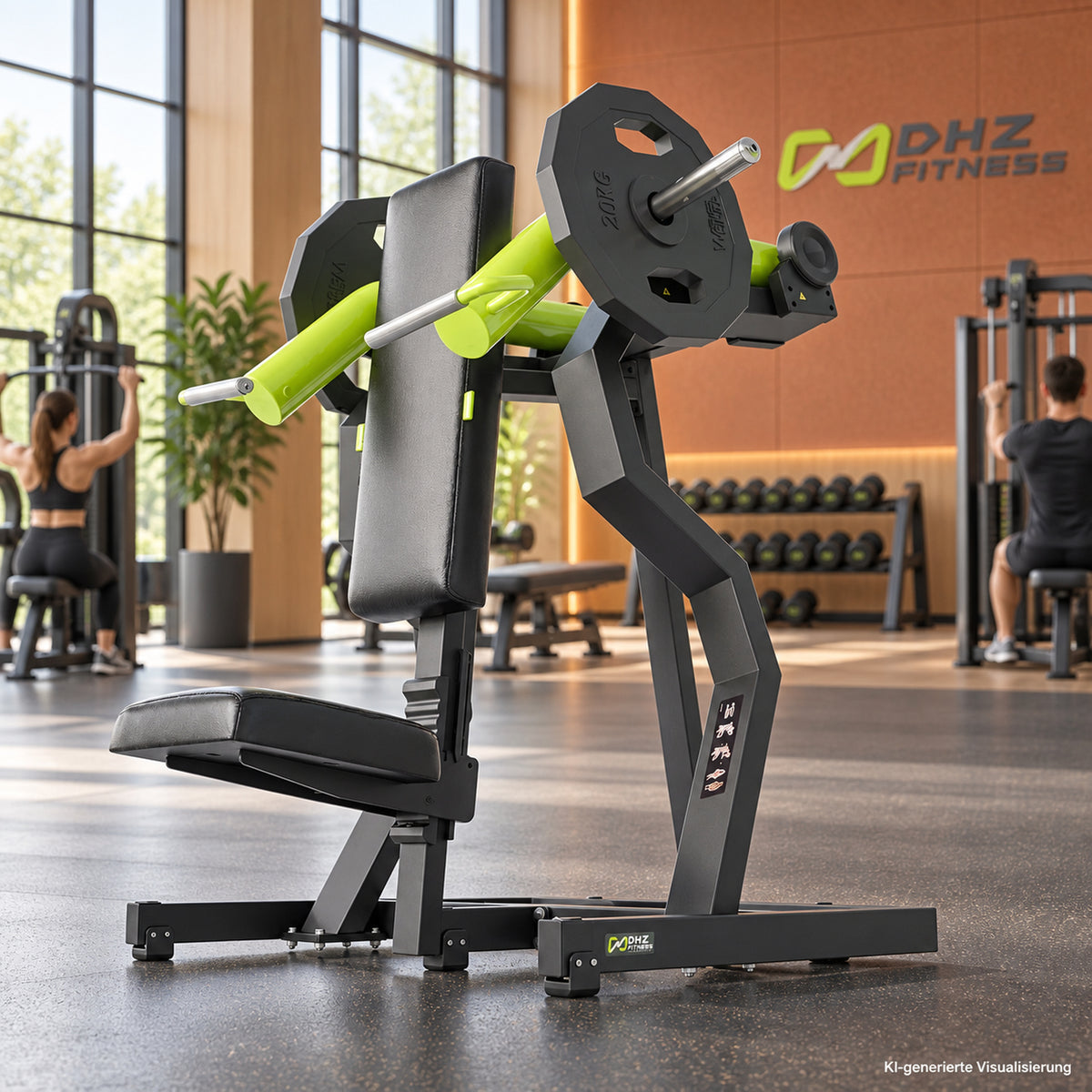 DHZ Y900 Y935 Schulterpresse (Shoulder Press) in Grün-Schwarz in einem modernen Fitnessstudio – KI-generierte Visualisierung