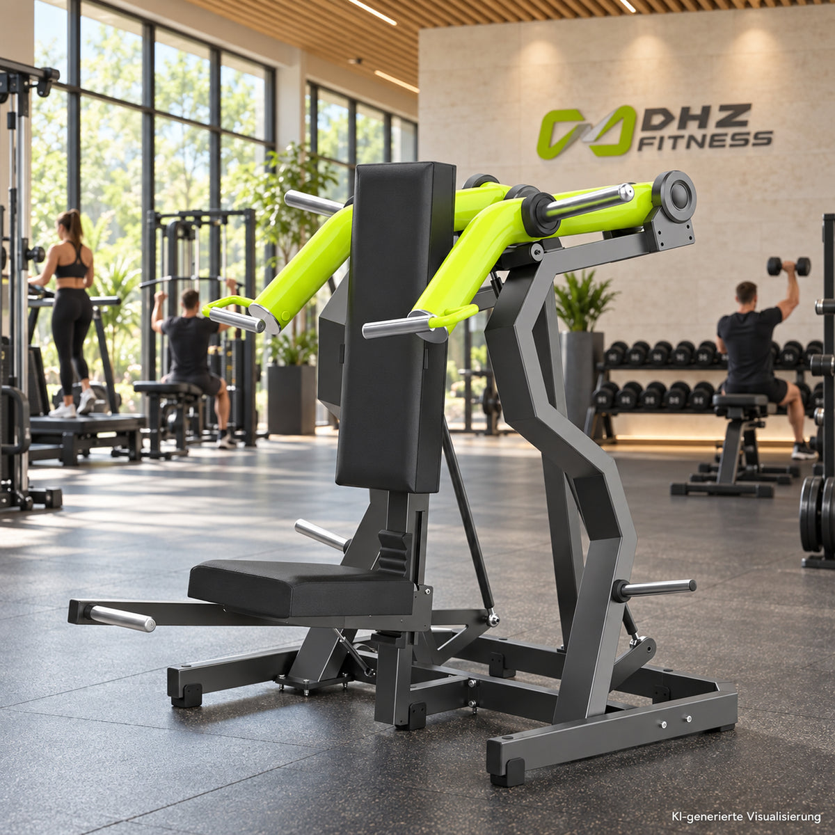 DHZ Y900 Y935L Schulterpresse (Shoulder Press) mit Einstiegshilfe in Grün-Schwarz in einem modernen Fitnessstudio – KI-generierte Visualisierung