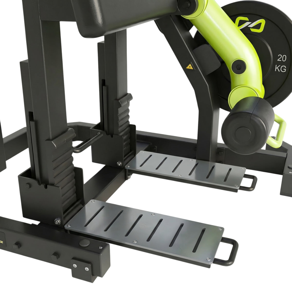 DHZ Y900 Y955 Beinbeuger (Leg Curl) in Grün-Schwarz – Detail der Fußplattenverstellung