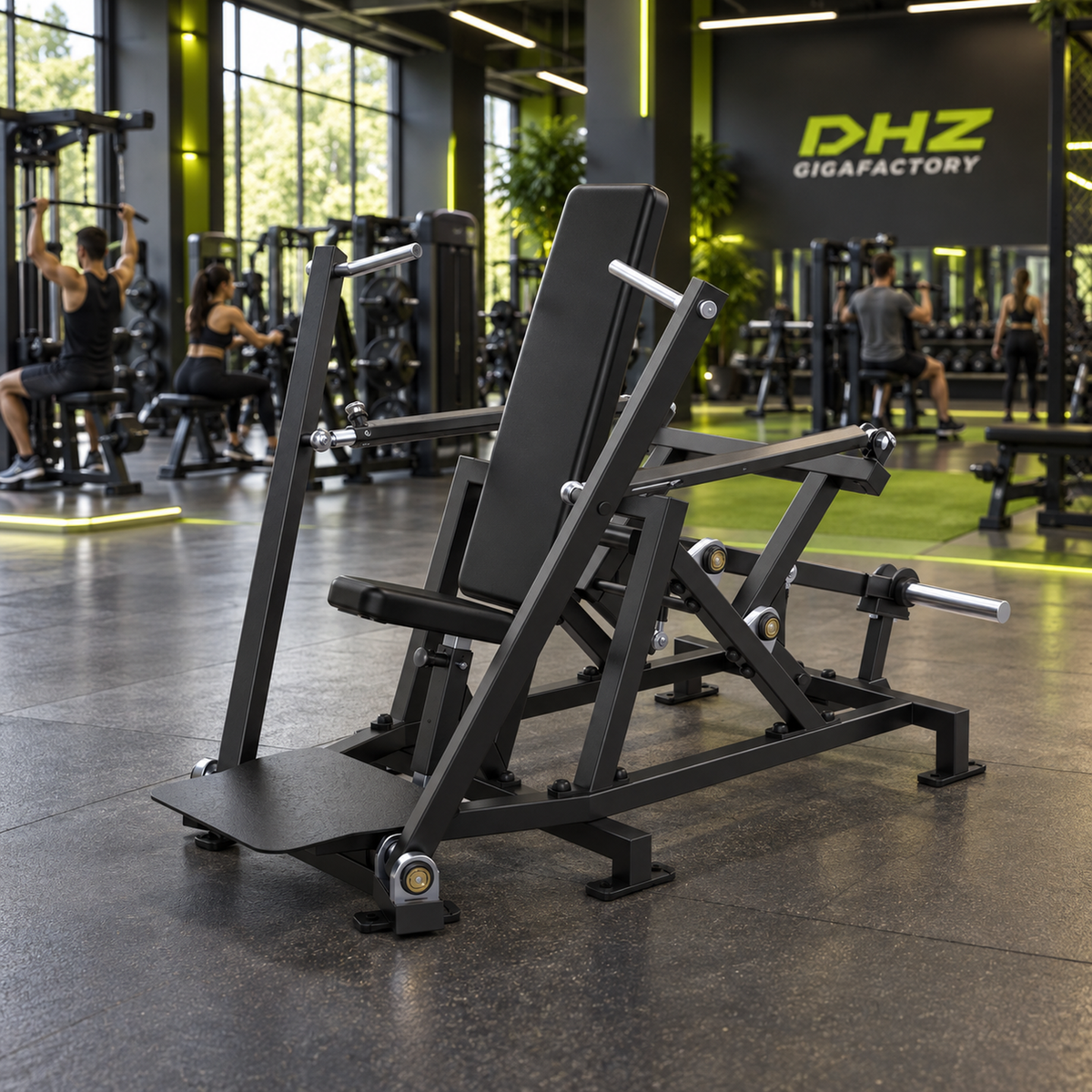 DHZ A701L FLEX Chest Press frei im Fitnessstudio-Ambiente mit trainierenden Personen im Hintergrund