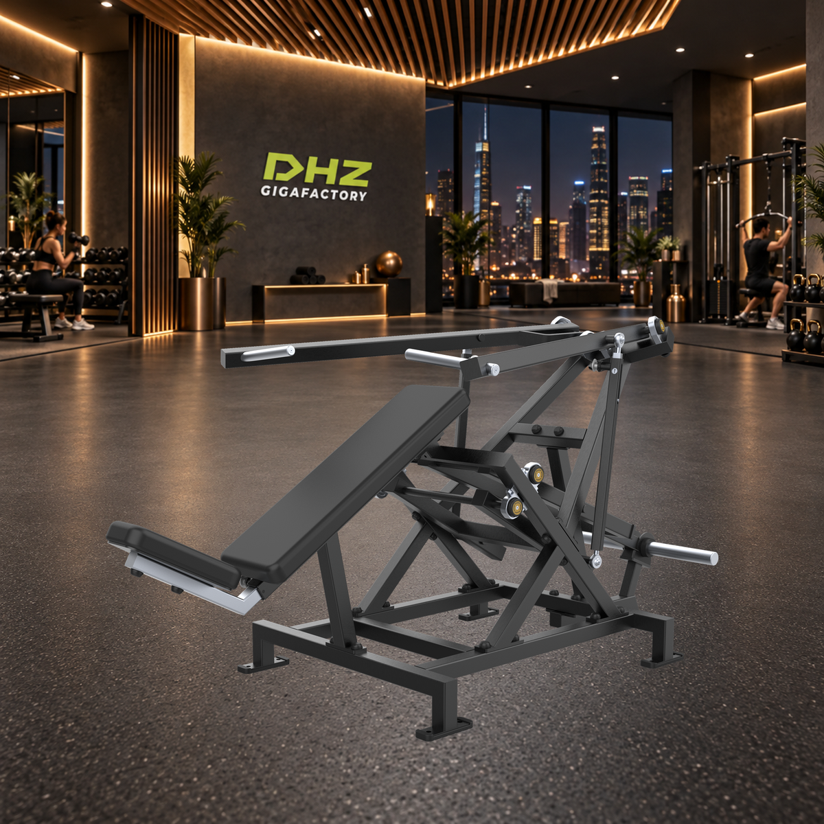DHZ A702L FLEX Incline Chest Press unverändert im dunklen Premium-City-Fitnessstudio mit Training im Hintergrund