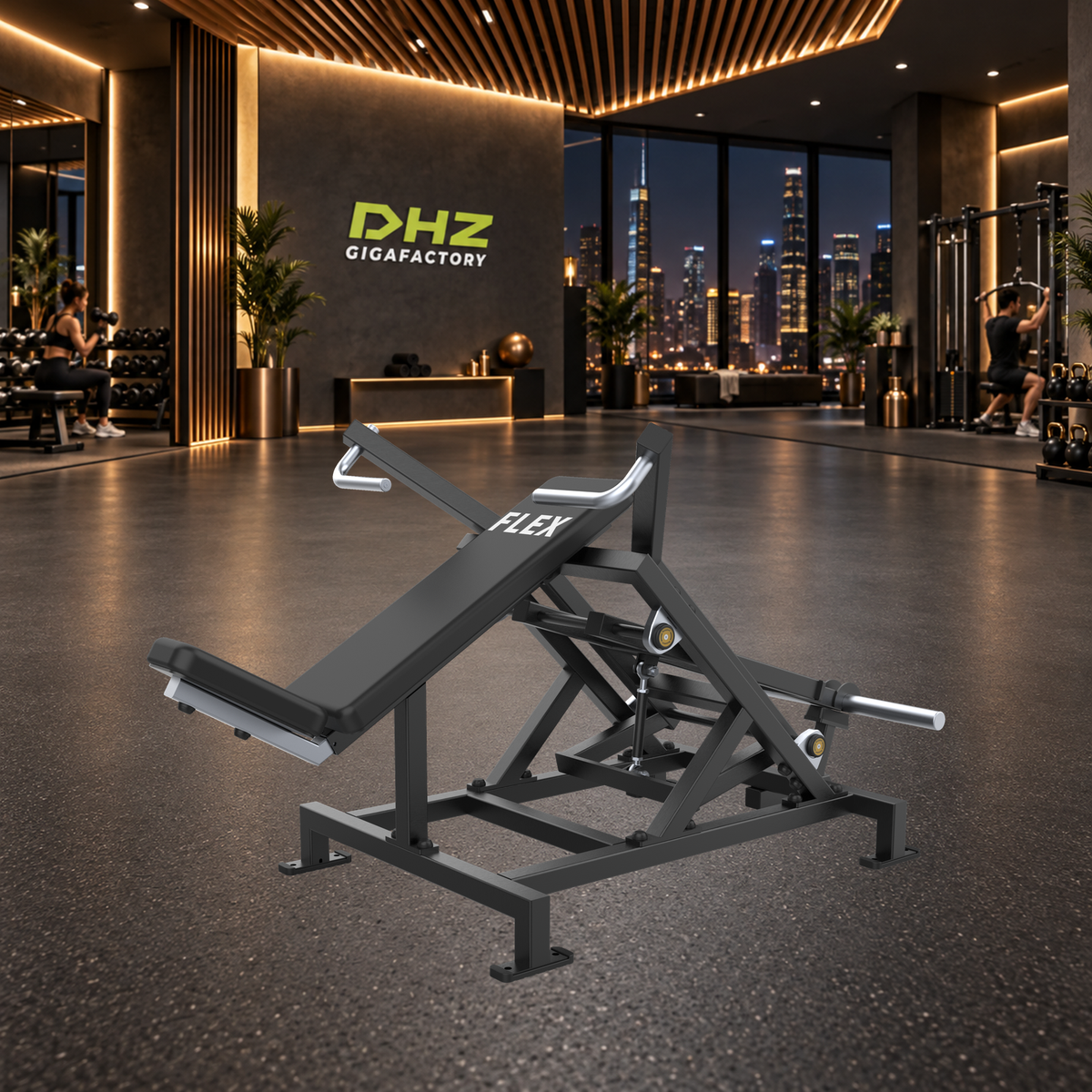 DHZ A703L FLEX Shoulder Press unverändert im dunklen Premium-City-Fitnessstudio mit Training im Hintergrund