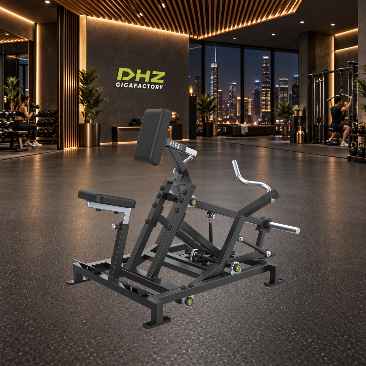 DHZ A704L FLEX Mid Row unverändert im dunklen Premium-City-Fitnessstudio mit Training im Hintergrund