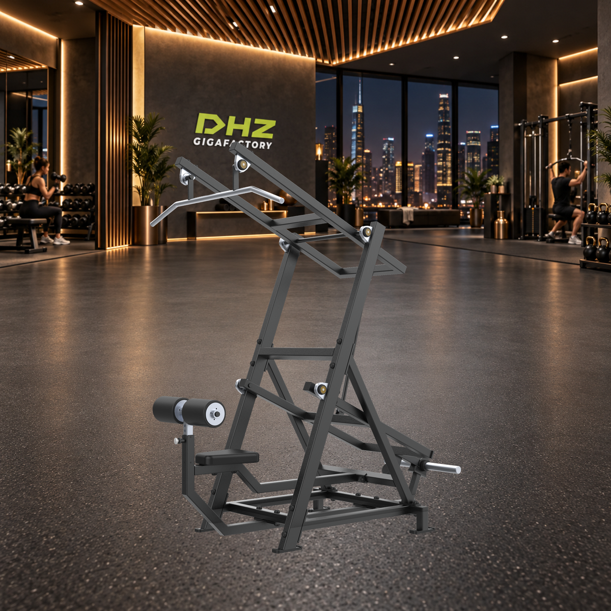 DHZ A705L FLEX Lat Pulldown unverändert im dunklen Premium-City-Fitnessstudio mit Training im Hintergrund