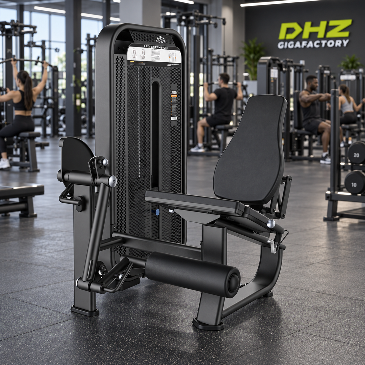 DHZ E7002 Leg Extension frei im Fitnessstudio-Ambiente mit trainierenden Personen im Hintergrund