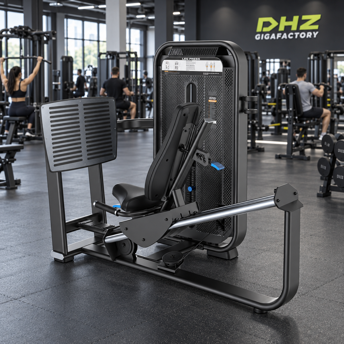 DHZ E7003 Leg Press frei im Fitnessstudio-Ambiente mit trainierenden Personen im Hintergrund