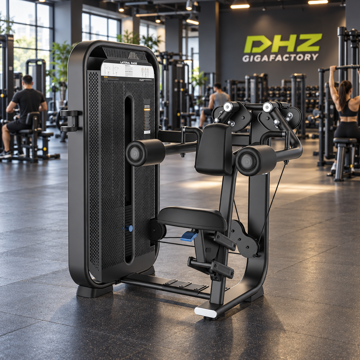 DHZ E7005 Lateral Raise frei im Fitnessstudio-Ambiente mit trainierenden Personen im Hintergrund