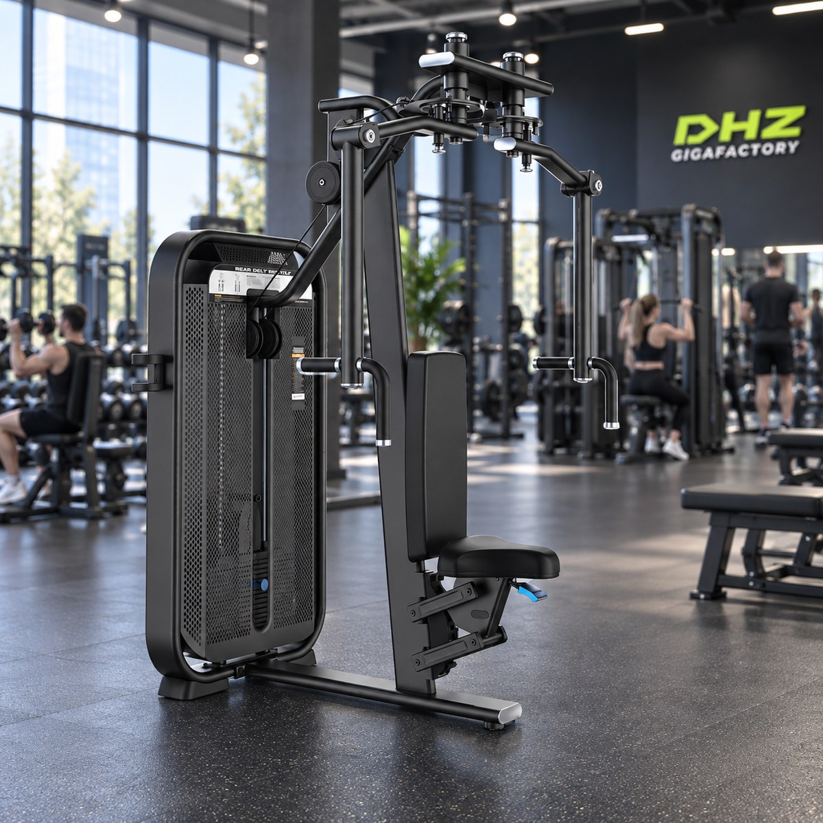 DHZ E7007 Rear Delt / Pec Fly frei im Fitnessstudio-Ambiente mit trainierenden Personen im Hintergrund