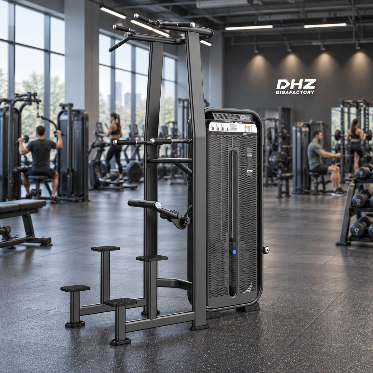 DHZ E7009 Dip Chin Assist frei im Fitnessstudio-Ambiente mit trainierenden Personen im Hintergrund