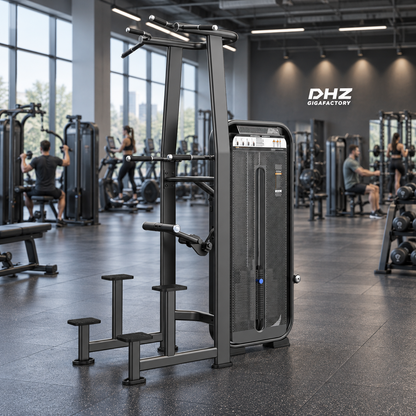 DHZ E7009 Dip Chin Assist frei im Fitnessstudio-Ambiente mit trainierenden Personen im Hintergrund