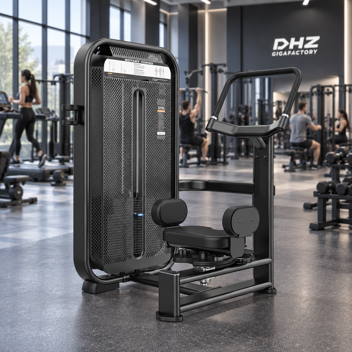 DHZ E7018 Rotary Torso frei im Fitnessstudio-Ambiente mit trainierenden Personen im Hintergrund