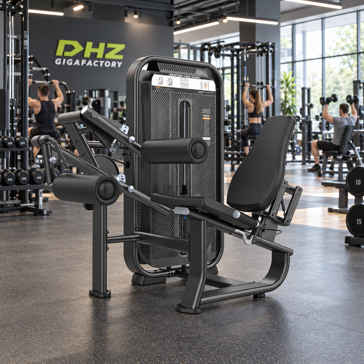 DHZ E7023 Seated Leg Curl frei im Fitnessstudio-Ambiente mit trainierenden Personen im Hintergrund