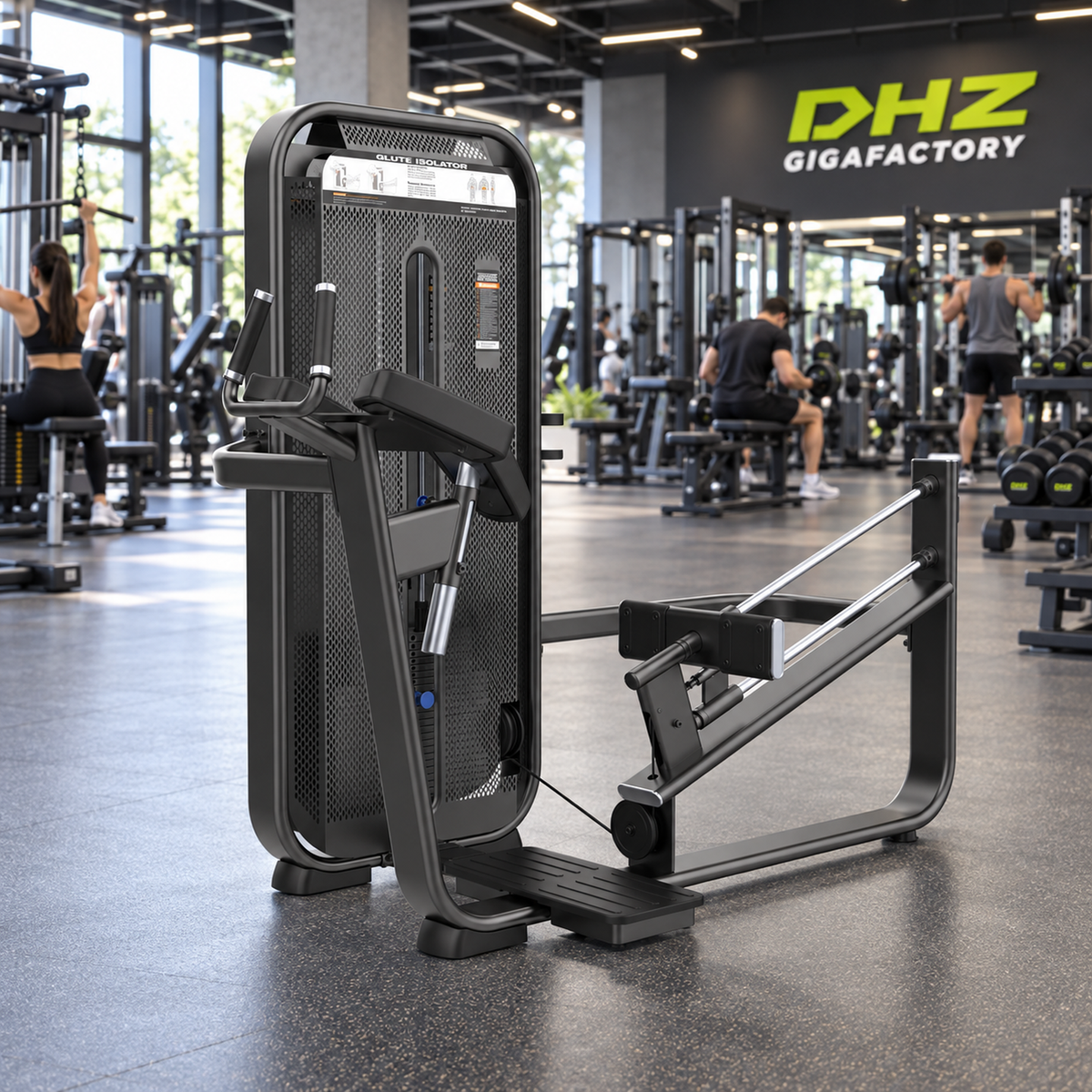 DHZ E7024 Glute Isolator frei im Fitnessstudio-Ambiente mit trainierenden Personen im Hintergrund
