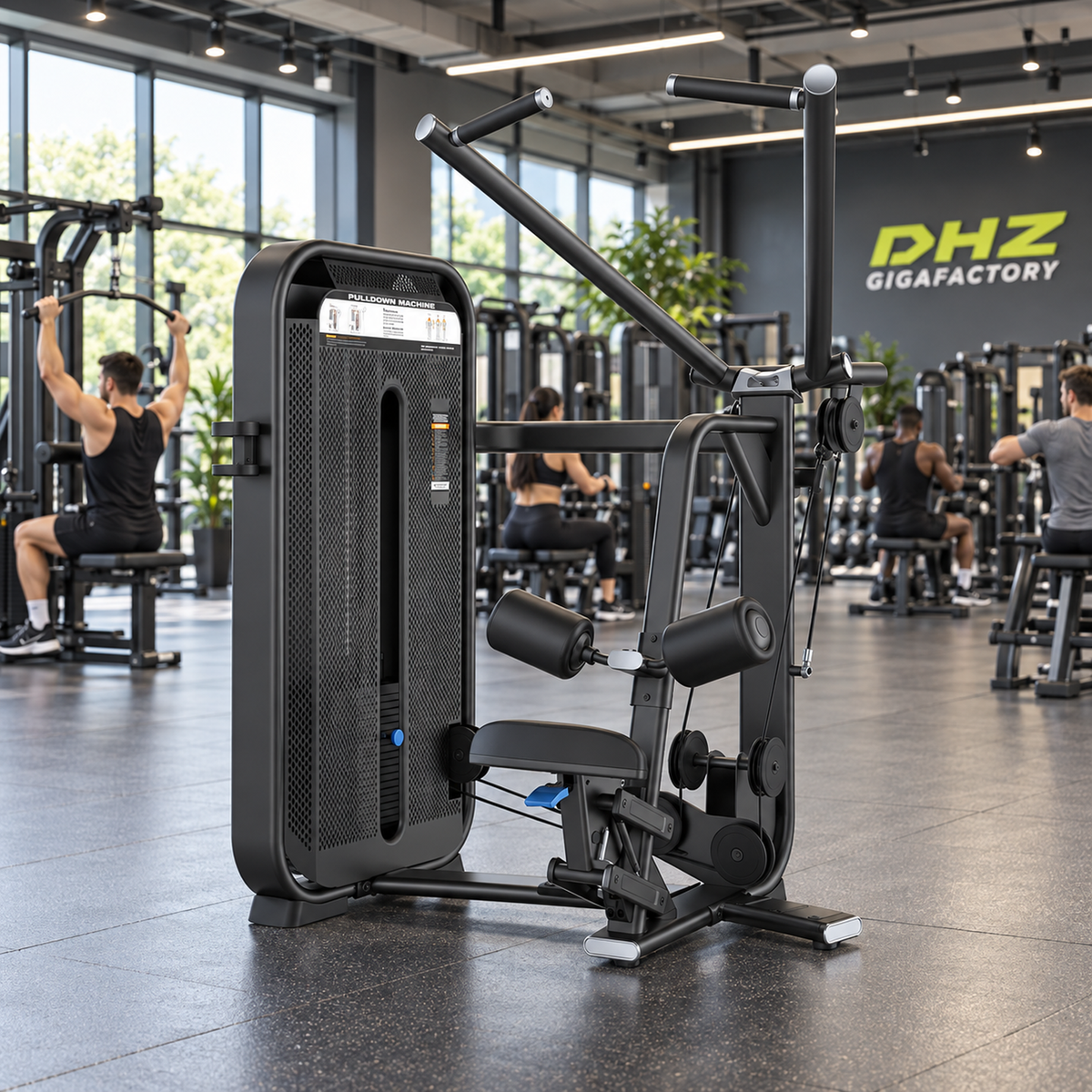 DHZ E7035 Pulldown frei im Fitnessstudio-Ambiente mit trainierenden Personen im Hintergrund