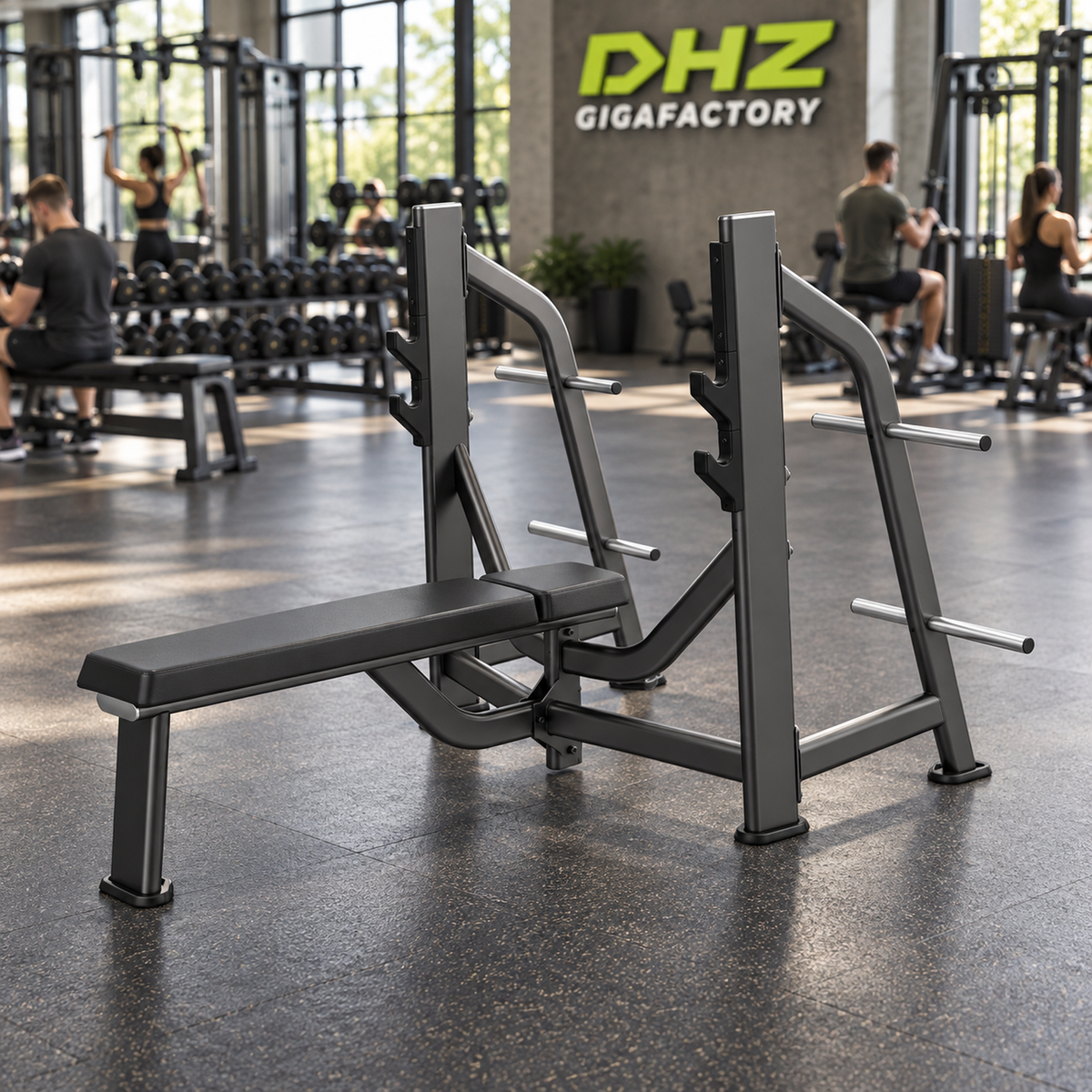 DHZ E7043 Olympic Bench frei im Fitnessstudio-Ambiente mit trainierenden Personen im Hintergrund